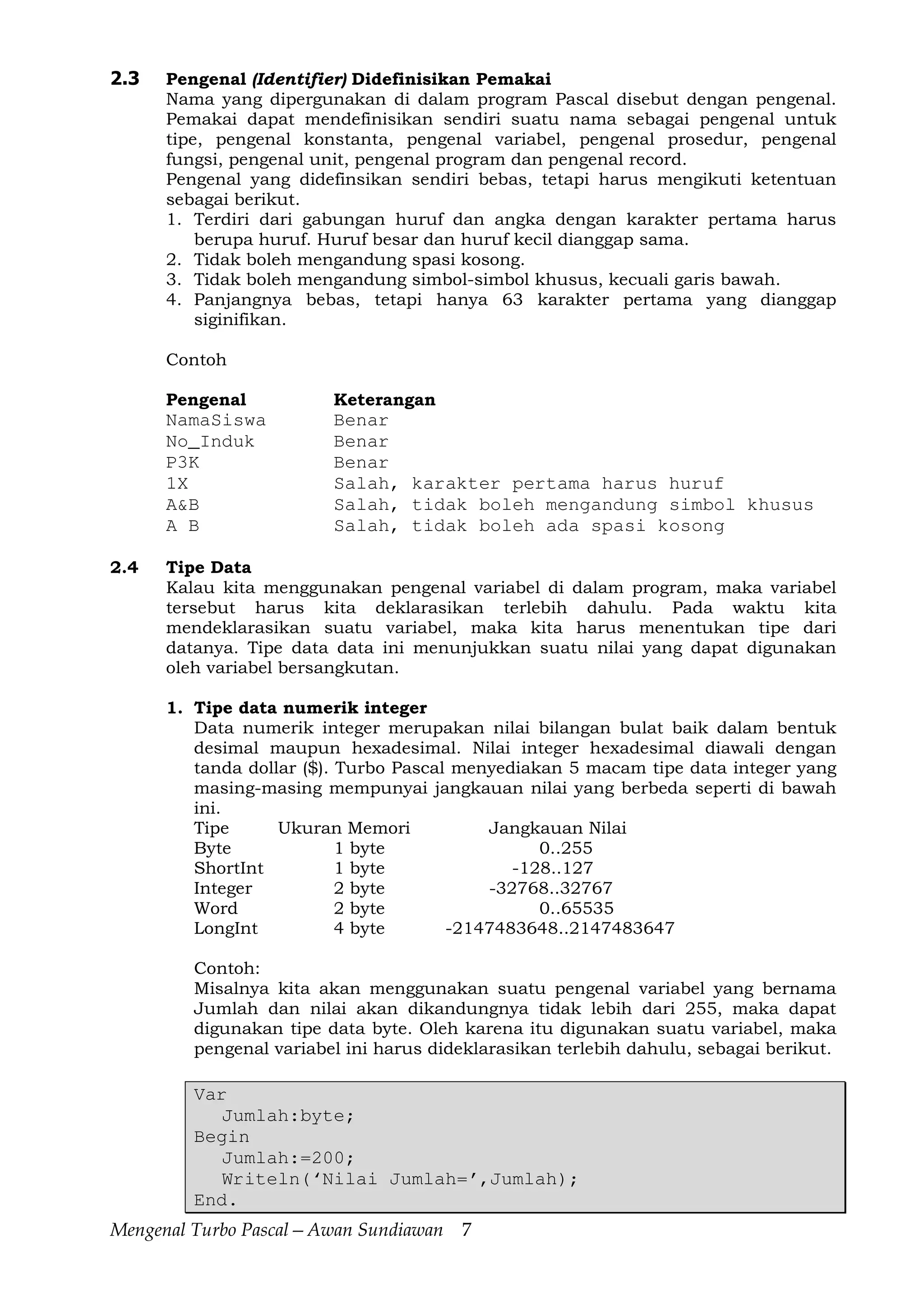 Mengenal Turbo Pascal—Awan Sundiawan 7
2.3 Pengenal (Identifier) Didefinisikan Pemakai
Nama yang dipergunakan di dalam program Pascal disebut dengan pengenal.
Pemakai dapat mendefinisikan sendiri suatu nama sebagai pengenal untuk
tipe, pengenal konstanta, pengenal variabel, pengenal prosedur, pengenal
fungsi, pengenal unit, pengenal program dan pengenal record.
Pengenal yang didefinsikan sendiri bebas, tetapi harus mengikuti ketentuan
sebagai berikut.
1. Terdiri dari gabungan huruf dan angka dengan karakter pertama harus
berupa huruf. Huruf besar dan huruf kecil dianggap sama.
2. Tidak boleh mengandung spasi kosong.
3. Tidak boleh mengandung simbol-simbol khusus, kecuali garis bawah.
4. Panjangnya bebas, tetapi hanya 63 karakter pertama yang dianggap
siginifikan.
Contoh
Pengenal Keterangan
NamaSiswa Benar
No_Induk Benar
P3K Benar
1X Salah, karakter pertama harus huruf
A&B Salah, tidak boleh mengandung simbol khusus
A B Salah, tidak boleh ada spasi kosong
2.4 Tipe Data
Kalau kita menggunakan pengenal variabel di dalam program, maka variabel
tersebut harus kita deklarasikan terlebih dahulu. Pada waktu kita
mendeklarasikan suatu variabel, maka kita harus menentukan tipe dari
datanya. Tipe data data ini menunjukkan suatu nilai yang dapat digunakan
oleh variabel bersangkutan.
1. Tipe data numerik integer
Data numerik integer merupakan nilai bilangan bulat baik dalam bentuk
desimal maupun hexadesimal. Nilai integer hexadesimal diawali dengan
tanda dollar ($). Turbo Pascal menyediakan 5 macam tipe data integer yang
masing-masing mempunyai jangkauan nilai yang berbeda seperti di bawah
ini.
Tipe Ukuran Memori Jangkauan Nilai
Byte 1 byte 0..255
ShortInt 1 byte -128..127
Integer 2 byte -32768..32767
Word 2 byte 0..65535
LongInt 4 byte -2147483648..2147483647
Contoh:
Misalnya kita akan menggunakan suatu pengenal variabel yang bernama
Jumlah dan nilai akan dikandungnya tidak lebih dari 255, maka dapat
digunakan tipe data byte. Oleh karena itu digunakan suatu variabel, maka
pengenal variabel ini harus dideklarasikan terlebih dahulu, sebagai berikut.
Var
Jumlah:byte;
Begin
Jumlah:=200;
Writeln(‘Nilai Jumlah=’,Jumlah);
End.
 