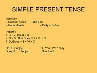 SIMPLE PRESENT TENSE 
Definition : 
- Habitual action - The Fact 
- General truth - Daily activities 
Pattern : 
+ S + VI (s/es) + O 
- S + Do Not/ Does Not + VI + O 
? Do/Does + S + VI + O 
Do  Subject : I / You / We / They 
Does  Subject : She /He/It 
 