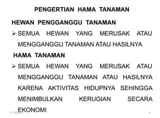 PENGERTIAN HAMA TANAMAN
HEWAN PENGGANGGU TANAMAN
 SEMUA HEWAN YANG MERUSAK ATAU
MENGGANGGU TANAMAN ATAU HASILNYA
HAMA TANAMAN
 SEMUA HEWAN YANG MERUSAK ATAU
MENGGANGGU TANAMAN ATAU HASILNYA
KARENA AKTIVITAS HIDUPNYA SEHINGGA
MENIMBULKAN KERUGIAN SECARA
EKONOMI
11/13/2023 9
 