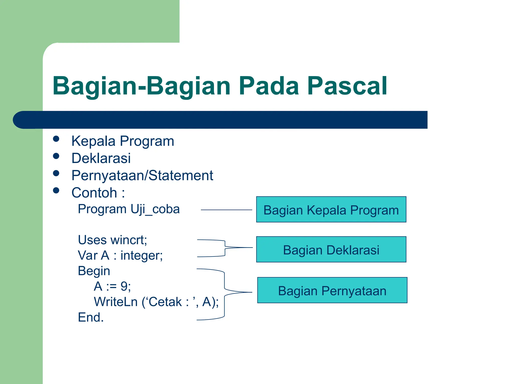 Bagian-Bagian Pada Pascal
 Kepala Program
 Deklarasi
 Pernyataan/Statement
 Contoh :
Program Uji_coba
Uses wincrt;
Var A : integer;
Begin
A := 9;
WriteLn (‘Cetak : ’, A);
End.
Bagian Kepala Program
Bagian Deklarasi
Bagian Pernyataan
 