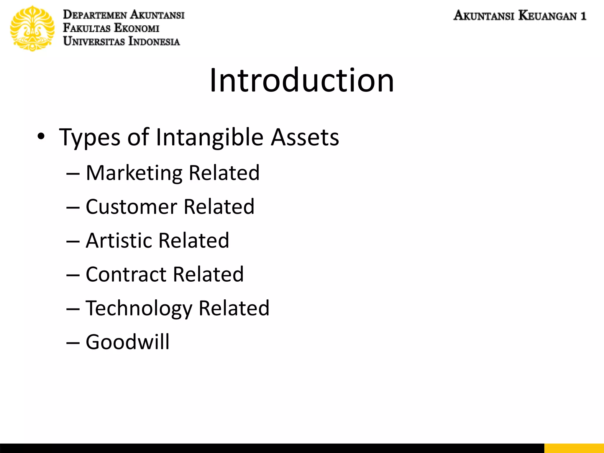 Introduction
• Types of Intangible Assets
– Marketing Related
– Customer Related
– Artistic Related
– Contract Related
– Technology Related
– Goodwill
 