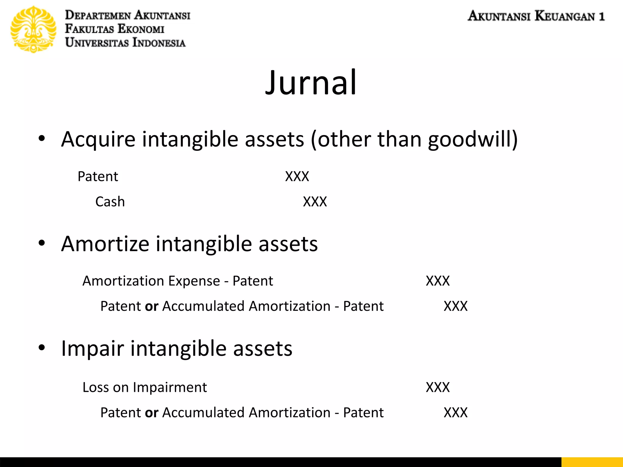 Jurnal
• Acquire intangible assets (other than goodwill)
• Amortize intangible assets
• Impair intangible assets
Patent XXX
Cash XXX
Amortization Expense - Patent XXX
Patent or Accumulated Amortization - Patent XXX
Loss on Impairment XXX
Patent or Accumulated Amortization - Patent XXX
 