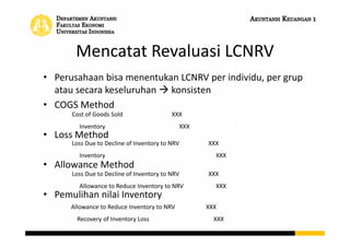 Mencatat Revaluasi LCNRV
• Perusahaan bisa menentukan LCNRV per individu, per grup
atau secara keseluruhan  konsisten
• COGS Method
• Loss Method
• Allowance Method
• Pemulihan nilai Inventory
Cost of Goods Sold XXX
Inventory XXX
Loss Due to Decline of Inventory to NRV XXX
Inventory XXX
Loss Due to Decline of Inventory to NRV XXX
Allowance to Reduce Inventory to NRV XXX
Allowance to Reduce Inventory to NRV XXX
Recovery of Inventory Loss XXX
 