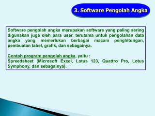 3. Software Pengolah Angka
Software pengolah angka merupakan software yang paling sering
digunakan juga oleh para user, terutama untuk pengolahan data
angka yang memerlukan berbagai macam penghitungan,
pembuatan tabel, grafik, dan sebagainya.
Contoh program pengolah angka, yaitu :
Spreedsheet (Microsoft Excel, Lotus 123, Quattro Pro, Lotus
Symphony, dan sebagainya).
 