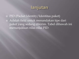  PID (Packet Identity/Identitas paket)
 Adalah field untuk menandakan tipe dari
paket yang sedang dikirim. Tabel dibawah ini
menunjukkan nilai-nilai PID:
 