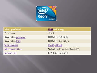 Masa produksi 1998-sekarang
Produsen •Intel
Kecepatan prosesor 400 MHz -3,8 GHz
Kecepatan FSB 100 MHz -6,4 GT/s
Set instruksi IA-32, x86-64
Mikroarsitektur Nehalem, Core, NetBurst, P6
Jumlah inti 1, 2, 4, 6, 8, atau 10
 