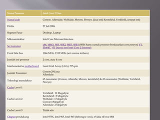 Nama Prosesor Intel Core 2 Duo
Nama kode Conroe, Allendale, Wolfdale, Merom, Penryn, (dua inti) Kentsfield, Yorkfield, (empat inti)
Dirilis 27 Juli 2006
Segmen Pasar Desktop, Laptop
Mikroarsitektur Intel Core Microarchitecture
Set instruksi
x86, MMX, SSE, SSE2, SSE3, SSE4 (SSE4 hanya untuk prosesor berdasarkan core penryn) VT,
EM64T, HT (hanya seri Intel Core 2 Extreme)
Front Side bus 1066 MHz, 1333 MHz (seri conroe terbaru)
Jumlah inti prosesor 2 core, atau 4 core
Interkoneksi ke motherboard Land Grid Array (LGA), 775-pin
Jumlah Transistor
Conroe:291 juta
Allendale:
Teknologi manufaktur
65 nanometer (Conroe, Allandle, Merom, kentsfield) & 45 nanometer (Wolfdale, Yorkfield,
Penryn)
Cache Level-1
Cache Level-2
Yorkfield : 12 Megabyte
Kentsfield : 8 Megabyte
Wolfdale : 6 Megabyte
Conroe:4 Megabyte
Allendale: 2 Megabyte
Cache Level-3 Tidak ada
Chipset pendukung Intel 975X, Intel 965, Intel 945 (beberapa versi), nVidia nForce 680i
 