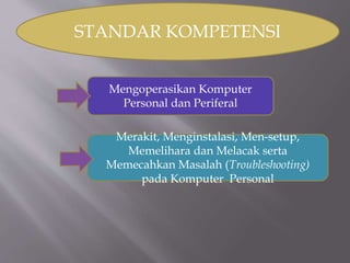 STANDAR KOMPETENSI
Mengoperasikan Komputer
Personal dan Periferal
Merakit, Menginstalasi, Men-setup,
Memelihara dan Melacak serta
Memecahkan Masalah (Troubleshooting)
pada Komputer Personal
 