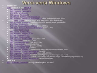  Sudah dirilis
 16-bit, berjalan di atas MS-DOS
 1985 November - Windows 1.0
 1987 9 Desember - Windows 2.0
 1990 22 Mei - Windows 3.0
 1992 Agustus - Windows 3.1
 1992 Oktober - Windows for Workgroups 3.1
 1993 November - Windows for Workgroups 3.11 (Versi terakhir tanpa Menu Mulai)
 Hibrida (16-bit/32-bit), berjalan tanpa MS-DOS (meski tidak sepenuhnya)
 1995 24 Agustus - Windows 95 (Versi: 4.00.950) (Versi pertama dengan Menu Mulai)
 1998 25 Juni - Windows 98 (Versi: 4.1.1998)
 1999 5 Mei - Windows 98 Second Edition (Versi: 4.1.2222)
 2000 19 Juni - Windows Millennium Edition (Me) (Versi: 4.9.3000)
 Berbasis kernel Windows NT
 1993 Agustus - Windows NT 3.1
 1994 September - Windows NT 3.5
 1995 Juni - Windows NT 3.51
 1996 29 Juli - Windows NT 4.0
 2000 17 Februari - Windows 2000 (Versi: NT 5.0.2195)
 2001 - Windows XP (Versi: NT 5.1.2600)
 2003 - Windows Server 2003 (Versi: NT 5.2.3790)
 2006 - Windows Vista (Versi 6.0 Build 6000)
 2007 - Windows Home Server (Versi 6.0.1800.24)
 2008 - Windows Server 2008 (Versi 6.0)
 2009 22 Oktober - Windows 7 (Versi 6.1 Build 7600) (Versi terakhir dengan Menu Mulai)
 2009 22 Oktober - Windows Server 2008 R2 (Versi 6.1)
 2012 4 September - Windows Server 2012 (Versi 6.2 Build 9200)
 2012 26 Oktober - Windows 8 (Versi 6.2 Build 9200) (Versi pertama dengan Layar Mulai)
 2013 18 Oktober - Windows 8.1 (Versi 6.3 Build 9600) (Versi pertama dengan Tombol Mulai yang dimodifikasi)
 2013 18 Oktober - Windows Server 2012 R2 (Versi 6.3 Build 9600)
 Akan rilis
 2015 - Windows Threshold, sedang dikembangkan Microsoft
 