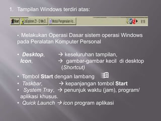 1. Tampilan Windows terdiri atas:
•. Melakukan Operasi Dasar sistem operasi Windows
pada Peralatan Komputer Personal
• Desktop,  keseluruhan tampilan,
Icon,  gambar-gambar kecil di desktop
(Shortcut)
• Tombol Start dengan lambang 
• Taskbar,  kepanjangan tombol Start
• System Tray,  penunjuk waktu (jam), program/
aplikasi khusus.
• Quick Launch  icon program aplikasi
 