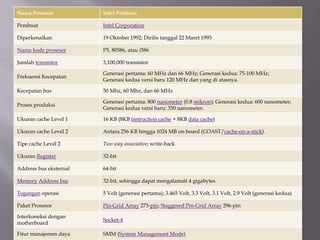 Nama Prosesor Intel Pentium
Pembuat Intel Corporation
Diperkenalkan 19 Oktober 1992; Dirilis tanggal 22 Maret 1993
Nama kode prosesor P5, 80586, atau i586
Jumlah transistor 3,100,000 transistor
Frekuensi Kecepatan
Generasi pertama: 60 MHz dan 66 MHz; Generasi kedua: 75-100 MHz;
Generasi kedua versi baru 120 MHz dan yang di atasnya.
Kecepatan bus 50 Mhz, 60 Mhz, dan 66 MHz
Proses produksi
Generasi pertama: 800 nanometer (0.8 mikron); Generasi kedua: 600 nanometer;
Generasi kedua versi baru: 350 nanometer.
Ukuran cache Level 1 16 KB (8KB instruction cache + 8KB data cache)
Ukuran cache Level 2 Antara 256 KB hingga 1024 MB on-board (COAST/cache-on-a-stick).
Tipe cache Level 2 Two way associative; write-back
Ukuran Register 32-bit
Address bus eksternal 64-bit
Memory Address bus 32-bit, sehingga dapat mengalamati 4 gigabytes
Tegangan operasi 5 Volt (generasi pertama); 3.465 Volt, 3.3 Volt, 3.1 Volt, 2.9 Volt (generasi kedua)
Paket Prosesor Pin-Grid Array 273-pin; Staggered Pin-Grid Array 296-pin
Interkoneksi dengan
motherboard
Socket-4
Fitur manajemen daya SMM (System Management Mode)
 