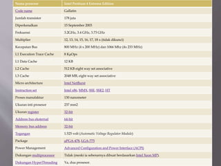 Nama prosesor Intel Pentium 4 Extreme Edition
Code name Gallatin
Jumlah transistor 178 juta
Diperkenalkan 15 September 2003
Frekuensi 3.2GHz, 3.4 GHz, 3.73 GHz
Multiplier 12, 13, 14, 15, 16, 17, 18 x (tidak dikunci)
Kecepatan Bus 800 MHz (4 x 200 MHz) dan 1066 Mhz (4x 233 MHz)
L1 Execution Trace Cache 8 KμOps
L1 Data Cache 12 KB
L2 Cache 512 KB eight way set associative
L3 Cache 2048 MB, eight way set associative
Micro architecture Intel NetBurst
Instruction set Intel x86, MMX, SSE, SSE2, HT
Proses manufaktur 130 nanometer
Ukuran inti prosesor 237 mm2
Ukuran register 32-bit
Address bus eksternal 64-bit
Memory bus address 32-bit
Tegangan 1.525 volt (Automatic Voltage Regulator Module)
Package μPGA-478, LGA-775
Power Management Advanced Configuration and Power Interface (ACPI)
Dukungan multiprocessor Tidak (meski ia sebenarnya dibuat berdasarkan Intel Xeon MP).
Dukungan HyperThreading Ya, dua prosesor.
 