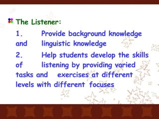 The Listener: 1.  Provide background knowledge and  linguistic knowledge 2.  Help students develop the skills of  listening by providing varied tasks and  exercises at different levels with different  focuses 