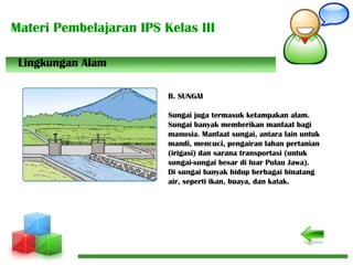 Materi Pembelajaran IPS Kelas III
B. SUNGAI
Sungai juga termasuk ketampakan alam.
Sungai banyak memberikan manfaat bagi
manusia. Manfaat sungai, antara lain untuk
mandi, mencuci, pengairan lahan pertanian
(irigasi) dan sarana transportasi (untuk
sungai-sungai besar di luar Pulau Jawa).
Di sungai banyak hidup berbagai binatang
air, seperti ikan, buaya, dan katak.
Lingkungan Alam
 