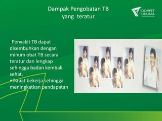 Dampak Pengobatan TB
yang teratur
•Penyakit TB dapat
disembuhkan dengan
minum obat TB secara
teratur dan lengkap
sehingga badan kembali
sehat.
•Dapat bekerja sehingga
meningkatkan pendapatan
 