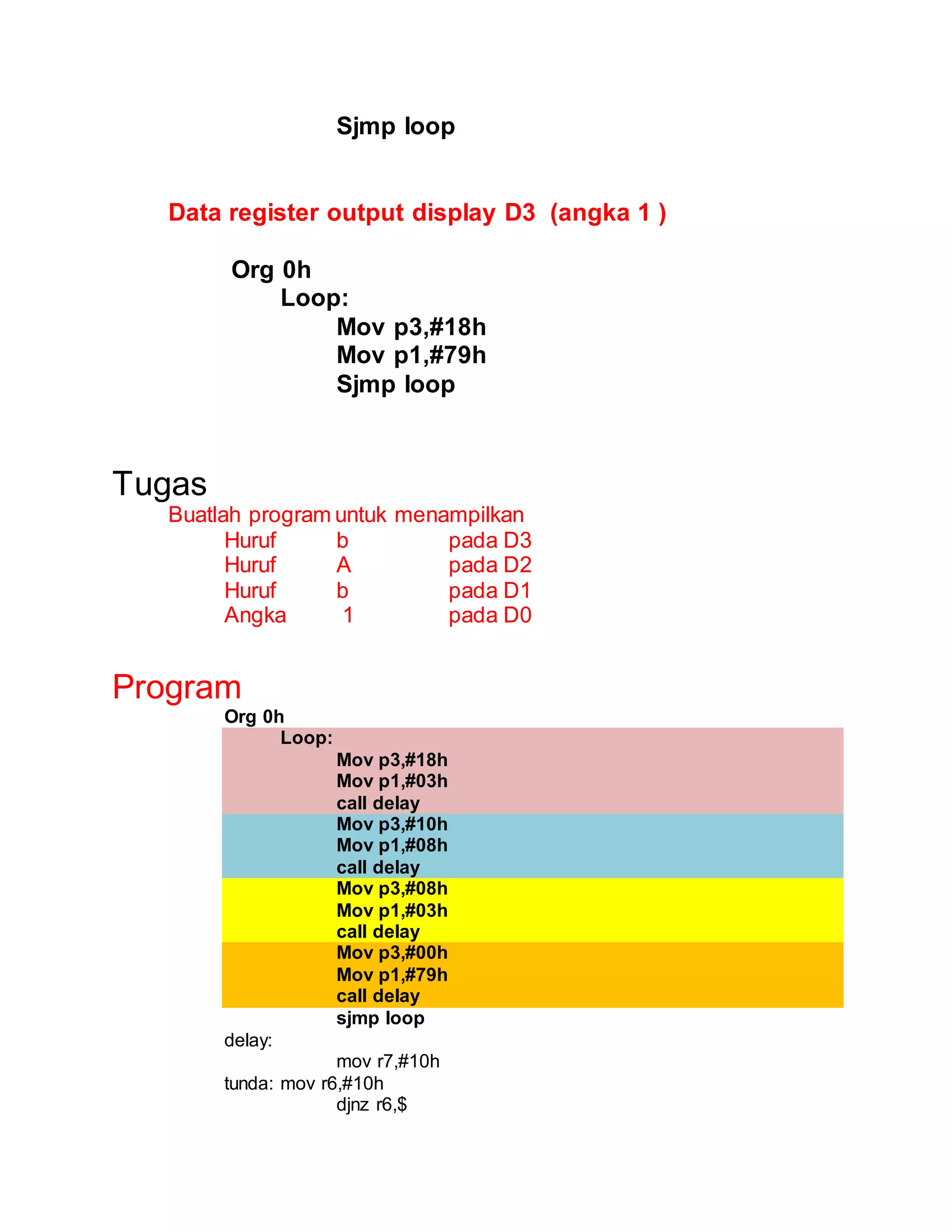 Sjmp loop 
Data register output display D3 (angka 1 ) 
Org 0h 
Loop: 
Mov p3,#18h 
Mov p1,#79h 
Sjmp loop 
Tugas 
Buatlah program untuk menampilkan 
Huruf b pada D3 
Huruf A pada D2 
Huruf b pada D1 
Angka 1 pada D0 
Program 
Org 0h 
Loop: 
Mov p3,#18h 
Mov p1,#03h 
call delay 
Mov p3,#10h 
Mov p1,#08h 
call delay 
Mov p3,#08h 
Mov p1,#03h 
call delay 
Mov p3,#00h 
Mov p1,#79h 
call delay 
sjmp loop 
delay: 
mov r7,#10h 
tunda: mov r6,#10h 
djnz r6,$ 
 