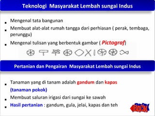 





Teknologi Masyarakat Lembah sungai Indus
Mengenal tata bangunan
Membuat alat-alat rumah tangga dari perhiasan ( perak, tembaga,
perunggu)
Mengenal tulisan yang berbentuk gambar ( Pictograf)







Pertanian dan Pengairan Masyarakat Lembah sungai Indus
Tanaman yang di tanam adalah gandum dan kapas
(tanaman pokok)
Membuat saluran irigasi dari sungai ke sawah
Hasil pertanian : gandum, gula, jelai, kapas dan teh

 