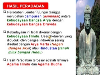 HASIL PERADABAN
 Peradaban Lembah Sungai Gangga
merupakan campuran (asimilasi ) antara
kebudayaan bangsa Arya dengan
kebudayaan bangsa Dravida
 Kebudayaan ini lebih dikenal dengan
kebudayaan Hindu. Daerah-daerah yang
diduduki oleh bangsa Indo-Arya sering
disebut dengan Arya Varta (Negeri
Bangsa Ary a) atau Hindustan (tanah
milik bangsa Hindu )
 Hasil Peradaban terbesar adalah lahirnya
Agama Hindu dan Agama Budha

 