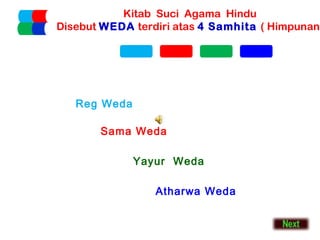 Kitab Suci Agama Hindu
Disebut WEDA terdiri atas 4 Samhita ( Himpunan)

Reg Weda
Sama Weda
Yayur Weda
Atharwa Weda

 