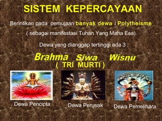 SISTEM KEPERCAYAAN
Berintikan pada pemujaan banyak dewa / Polytheisme
( sebagai manifestasi Tuhan Yang Maha Esa)
Dewa yang dianggap tertinggi ada 3 :

( TRI MURTI )

Dewa Pencipta

Dewa Perusak

Dewa Pemelihara

 