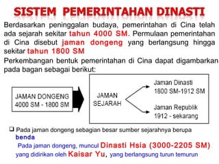 Berdasarkan peninggalan budaya, pemerintahan di Cina telah
ada sejarah sekitar tahun 4000 SM. Permulaan pemerintahan
di Cina disebut jaman dongeng yang berlangsung hingga
sekitar tahun 1800 SM
Perkembangan bentuk pemerintahan di Cina dapat digambarkan
pada bagan sebagai berikut:

 Pada jaman dongeng sebagian besar sumber sejarahnya berupa
benda
Pada jaman dongeng, muncul Dinasti Hsia (3000-2205 SM)
yang didirikan oleh Kaisar Yu , yang berlangsung turun temurun

 