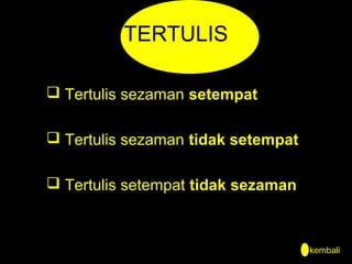 TERTULIS
 Tertulis sezaman setempat
 Tertulis sezaman tidak setempat
 Tertulis setempat tidak sezaman

kembali

 