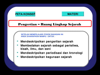PETA KONSEP

MATERI

Pengertian – Ruang Lingkup Sejarah
SETELAH MEMPELAJARI POKOK BAHASAN INI
ANDA DIHARAPKAN MAMPU UNTUK :

 Men deskripsikan peng ertian sejarah
Me deskripsika pe ertia
 Membedakan sejarah sebagai peristiwa,
Membedaka
kisah, ilmu , dan sen i
ilm da se
 Men deskripsikan periodisasi dan kron ologi
Me deskripsika
da kro
 Men deskripsikan kegun aan sejarah
Me deskripsika keg aa

 