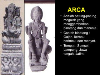 ARCA
• Adalah patung-patung
megalith yang
menggambarkan
binatang dan manusia.
• Contoh binatang :
Gajah, kerbau,
harimau, dan monyet.
• Tempat : Sumsel,
Lampung, Jawa
tengah, Jatim.

 