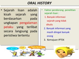 ORAL HISTORY
ORAL HISTORY
•• Sejarah lisan adalah
Sejarah lisan adalah
kisah sejarah yang
kisah sejarah yang
berdasarkan
pada
berdasarkan
pada
ungkapan pengalaman
ungkapan pengalaman
pelaku yang terlibat
pelaku yang terlibat
secara langsung pada
secara langsung pada
peristiwa tertentu
peristiwa tertentu

Faktor pendorong penelitian
•• Faktor pendorong penelitian
sejarah lisan
sejarah lisan ::
1. Banyak informasi
1. Banyak informasi
sejarah yang tidak
sejarah yang tidak
ditulis
ditulis
2. Banyak informasi yang
2. Banyak informasi yang
masih diingat banyak
masih diingat banyak
orang
orang
3. Kemajuan IPTEK
3. Kemajuan IPTEK

 