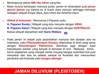 •
•

Berlangsung sekitar 600 ribu tahun yang lalu,
Mulai muncul kehidupan manusia purba. jaman ini dinamakan pula jaman
glacial (jaman es) karena es di kutub utara mencair sehingga menutupi
sebagian wilayah Eropa Utara, Asia Utara dan Amerika Utara

•

Akibat di Indonesia : Munculnya 2 Paparan yaitu :
A. Paparan Sunda ( Wilayah yang dulu menyatu dengan ASIA)
B. Paparan Sahul ( Wilayah yang dulu menyatu dengan AUSTRALIA)
Kedua wilayah dipisahkan oleh Garis Wallace

•

Pada jaman ini terjadi pula perpindahan manusia dari daratan asia ke
Indonesia, yaitu Pitechanthropus Erectus (ditemukan di trinil) yang sama
dengan Sinanthropus Pekinensis. Demikian juga dengan hasil
kebudayaan pacitan yang banyak di temukan di cina , Malaysia , birma .
homo wajakensis yang menjadi nenek moyang bangsa austroloid ikut pula
menyebar dari asia ke selatan sampai ke Australia dan menurunkan
penduduk asli Australia yaitu bangsa aborigin

JAMAN DILUVIUM (PLEISTOSEN)

 