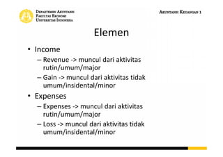 Elemen
• Income
– Revenue -> muncul dari aktivitas
rutin/umum/major
– Gain -> muncul dari aktivitas tidak
umum/insidental/minor
• Expenses
– Expenses -> muncul dari aktivitas
rutin/umum/major
– Loss -> muncul dari aktivitas tidak
umum/insidental/minor
 