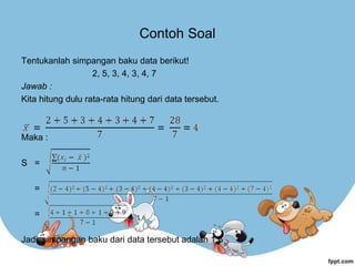 Contoh Soal
Tentukanlah simpangan baku data berikut!
2, 5, 3, 4, 3, 4, 7
Jawab :
Kita hitung dulu rata-rata hitung dari data tersebut.
Maka :
S =
=
=
Jadi, simpangan baku dari data tersebut adalah 1,6
 