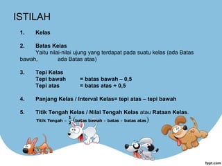 ISTILAH
1. Kelas
2. Batas Kelas
Yaitu nilai-nilai ujung yang terdapat pada suatu kelas (ada Batas
bawah, ada Batas atas)
3. Tepi Kelas
Tepi bawah = batas bawah – 0,5
Tepi atas = batas atas + 0,5
4. Panjang Kelas / Interval Kelas= tepi atas – tepi bawah
5. Titik Tengah Kelas / Nilai Tengah Kelas atau Rataan Kelas.
 
atas
batas
batas
bawah
batas
2
1
Tengah
Titik 


 