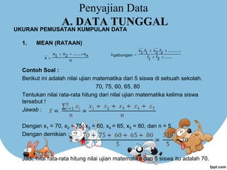 Penyajian Data
A. DATA TUNGGAL
UKURAN PEMUSATAN KUMPULAN DATA
1. MEAN (RATAAN)
Contoh Soal :
Berikut ini adalah nilai ujian matematika dari 5 siswa di sebuah sekolah.
70, 75, 60, 65, 80
Tentukan nilai rata-rata hitung dari nilai ujian matematika kelima siswa
tersebut !
Jawab :
Dengan x1 = 70, x2 = 75, x3 = 60, x4 = 65, x5 = 80, dan n = 5
Dengan demikian :
Jadi, nilai rata-rata hitung nilai ujian matematika dari 5 siswa itu adalah 70.
n
n
x
......
2
x
1
x
x



 .....
2
f
1
f
.........
2
.f
2
x
1
.f
1
x
gabungan
x





 