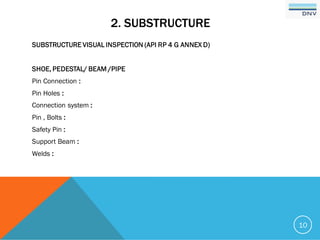 2. SUBSTRUCTURE
SUBSTRUCTURE VISUAL INSPECTION (API RP 4 G ANNEX D)
SHOE, PEDESTAL/ BEAM /PIPE
Pin Connection :
Pin Holes :
Connection system :
Pin , Bolts :
Safety Pin :
Support Beam :
Welds :
10
 