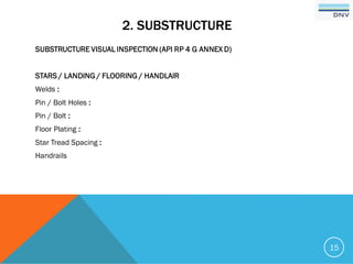 2. SUBSTRUCTURE
SUBSTRUCTURE VISUAL INSPECTION (API RP 4 G ANNEX D)
STARS / LANDING / FLOORING / HANDLAIR
Welds :
Pin / Bolt Holes :
Pin / Bolt :
Floor Plating :
Star Tread Spacing :
Handrails
15
 