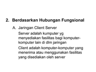 2. Berdasarkan Hubungan Fungsional
  A. Jaringan Client Server
     Server adalah kumputer yg
     menyediakan fasilitas bagi komputer-
     komputer lain di dlm jaringan
     Client adalah komputer-komputer yang
     menerima atau menggunakan fasilitas
     yang disediakan oleh server
 