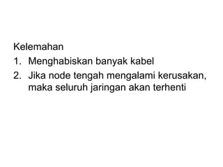 Kelemahan
1. Menghabiskan banyak kabel
2. Jika node tengah mengalami kerusakan,
   maka seluruh jaringan akan terhenti
 