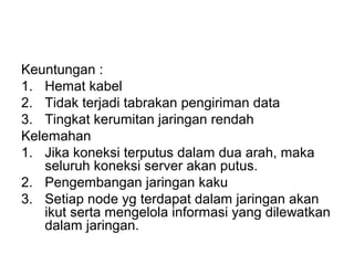 Keuntungan :
1. Hemat kabel
2. Tidak terjadi tabrakan pengiriman data
3. Tingkat kerumitan jaringan rendah
Kelemahan
1. Jika koneksi terputus dalam dua arah, maka
   seluruh koneksi server akan putus.
2. Pengembangan jaringan kaku
3. Setiap node yg terdapat dalam jaringan akan
   ikut serta mengelola informasi yang dilewatkan
   dalam jaringan.
 