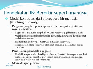 Pendekatan IB: Berpikir seperti manusia
 Model komputasi dari proses berpikir manusia
(thinking humanly)
– Program yang beroperasi (proses internalnya) seperti cara
manusia berlaku
– Bagaimana manusia berpikir?  cara kerja yang pikiran manusia
– Melakukan introspeksi: berusaha menangkap cara kita berpikir saat
melakukan sesuatu
– Eksperimen psikologi: observasi tindakan seseorang
– Pengamatan otak: observasi otak saat manusia melakukan suatu
tindakan
– Pendekatan pemodelan kognitif
– Model komputer dari Inteligensi Buatan dan teknik eksperimen dari
psikologi, untuk membangun teori berpikir manusia yang sangat
tepat dan bisa diuji kebenarannya
– Mesin dengan pikiran
30/07/2014 19
NUM & Sumber [2]
 