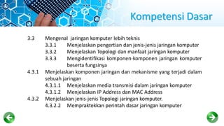Kompetensi Dasar
3.3 Mengenal jaringan komputer lebih teknis
3.3.1 Menjelaskan pengertian dan jenis-jenis jaringan komputer
3.3.2 Menjelaskan Topologi dan manfaat jaringan komputer
3.3.3 Mengidentifikasi komponen-komponen jaringan komputer
beserta fungsinya
4.3.1 Menjelaskan komponen jaringan dan mekanisme yang terjadi dalam
sebuah jaringan
4.3.1.1 Menjelaskan media transmisi dalam jaringan komputer
4.3.1.2 Menjelaskan IP Address dan MAC Address
4.3.2 Menjelaskan jenis-jenis Topologi jaringan komputer.
4.3.2.2 Mempraktekkan perintah dasar jaringan komputer
 