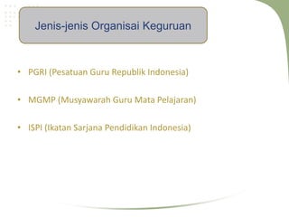 Jenis-jenis Organisai Keguruan



• PGRI (Pesatuan Guru Republik Indonesia)

• MGMP (Musyawarah Guru Mata Pelajaran)

• ISPI (Ikatan Sarjana Pendidikan Indonesia)
 