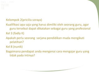 Kelompok 2(pricilia soraya)
Kualifikasi apa saja yang harus dimiliki oleh seorang guru, agar
   guru tersebut dapat dikatakan sebagai guru yang profesional
Kel 3 (fadly K)
Apakah perlu seorang sarjana pendidikan muda mengikuti
   pelatihan?
Kel 8 (nunik)
Bagaimana pendapat anda mengenai cara mengajar guru yang
   tidak pada intinya?
 