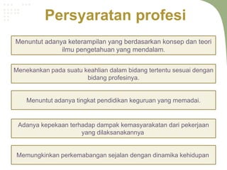 Persyaratan profesi
Menuntut adanya keterampilan yang berdasarkan konsep dan teori
              ilmu pengetahuan yang mendalam.


Menekankan pada suatu keahlian dalam bidang tertentu sesuai dengan
                       bidang profesinya.


    Menuntut adanya tingkat pendidikan keguruan yang memadai.


 Adanya kepekaan terhadap dampak kemasyarakatan dari pekerjaan
                     yang dilaksanakannya.


Memungkinkan perkemabangan sejalan dengan dinamika kehidupan.
 