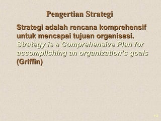 1-2
Pengertian StrategiPengertian Strategi
Strategi adalah rencana komprehensifStrategi adalah rencana komprehensif
untuk ...