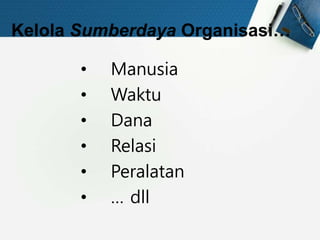 Kelola Sumberdaya Organisasi…
• Manusia
• Waktu
• Dana
• Relasi
• Peralatan
• … dll
 