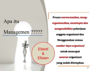 Apa itu
Managemen ?????
Proses merencanakan, meng-
organisasikan, memimpin dan
mengendalikan pekerjaan
anggota organisasi dan
Menggunakan semua
sumber daya organisasi
untuk mencapai
sasaran organisasi
yang sudah ditetapkan.
5
Efektif
&
Efisien
 