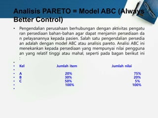 Analisis PARETO = Model ABC (Always
Better Control)
• Pengendalian perusahaan berhubungan dengan aktivitas pengatu
ran persediaan bahan-bahan agar dapat menjamin persediaan da
n pelayanannya kepada pasien. Salah satu pengendalian persedia
an adalah dengan model ABC atau analisis pareto. Analisi ABC ini
menekankan kepada persediaan yang mempunyai nilai pengguna
an yang relatif tinggi atau mahal, seperti pada bagan berikut ini
:
•
• Kel Jumlah item Jumlah nilai
•
• A 20% 75%
• B 30% 20%
• C 50% 5%
• 100% 100%
•
 
