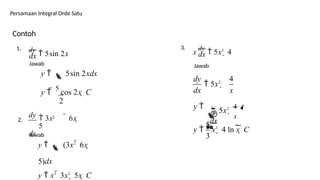 Persamaan Integral Orde Satu
Contoh
dy
 5sin 2x
dx
Jawab
y  5sin 2xdx
y  
5
cos 2x  C
2
2
dy  3x  6x 
5
dx
Jawab
y   (3x2
 6x 
5)dx
y  x3
 3x2
 5x  C
dx
Jawab
x
dy
 5x3
 4
 5x2

x3
 4 ln x  C
4
x
5
3

5x2

4 
dx
dy
dx
y 
x

y 




1.
2.
3.
 
