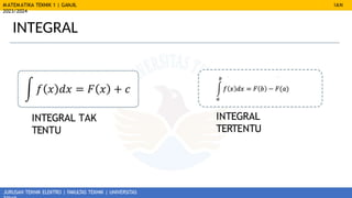 MATEMATIKA TEKNIK 1 | GANJIL
2023/2024
JURUSAN TEKNIK ELEKTRO | FAKULTAS TEKNIK | UNIVERSITAS
IAN
INTEGRAL
INTEGRAL
TERTENTU
INTEGRAL TAK
TENTU
 